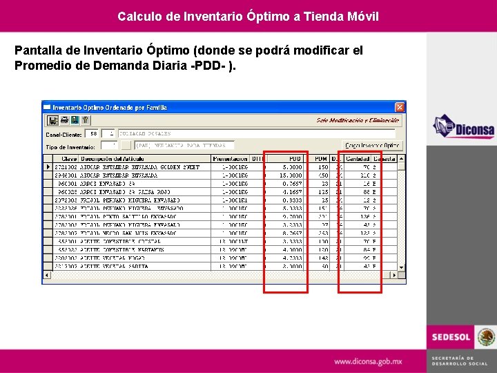 Calculo de Inventario Óptimo a Tienda Móvil Pantalla de Inventario Óptimo (donde se podrá