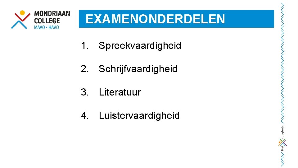 EXAMENONDERDELEN 1. Spreekvaardigheid 2. Schrijfvaardigheid 3. Literatuur 4. Luistervaardigheid 