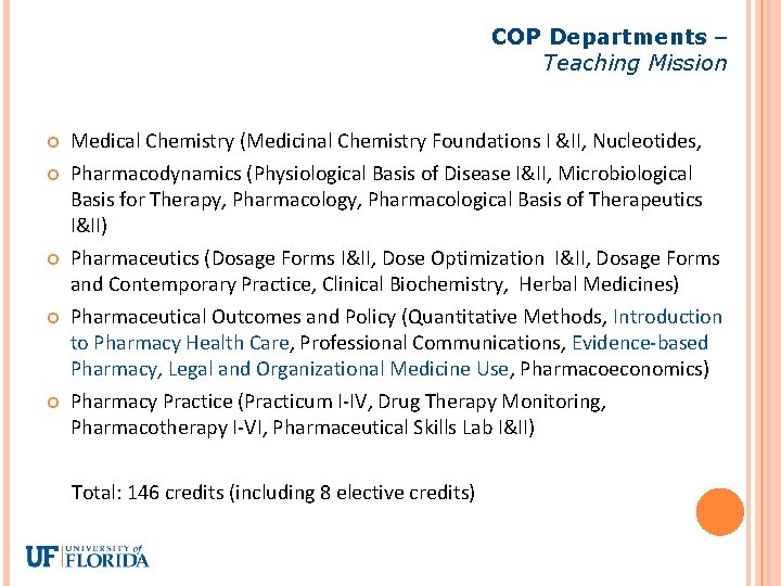 COP Departments – Teaching Mission Medical Chemistry (Medicinal Chemistry Foundations I &II, Nucleotides, Pharmacodynamics