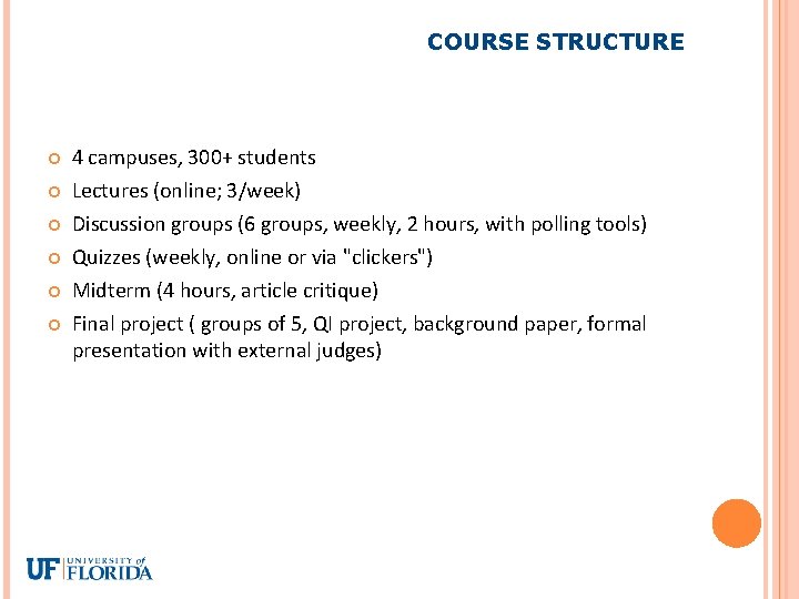 COURSE STRUCTURE 4 campuses, 300+ students Lectures (online; 3/week) Discussion groups (6 groups, weekly,