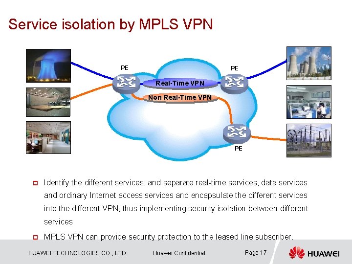 Service isolation by MPLS VPN PE PE Real-Time VPN Non Real-Time VPN PE p