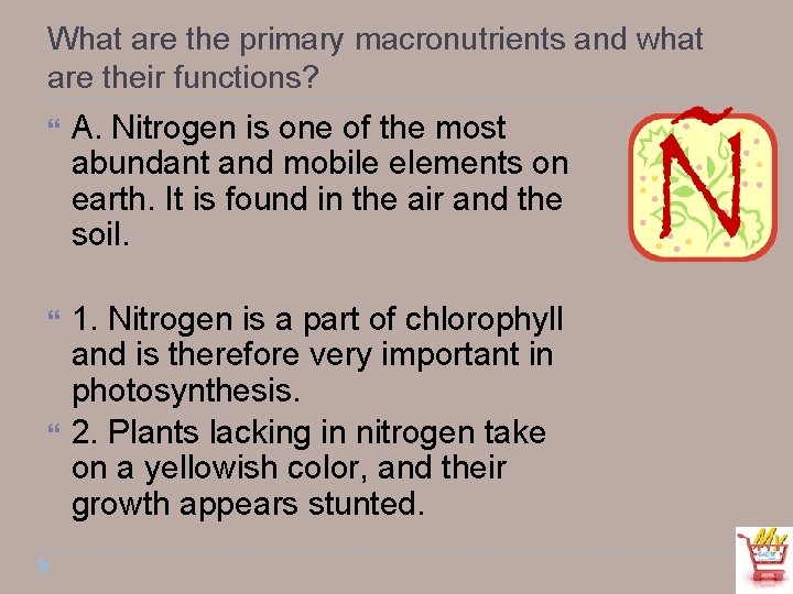 What are the primary macronutrients and what are their functions? A. Nitrogen is one