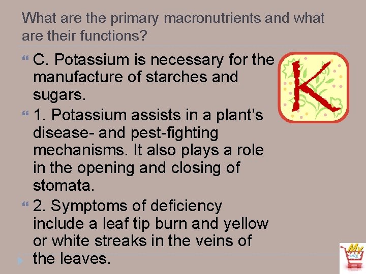 What are the primary macronutrients and what are their functions? C. Potassium is necessary