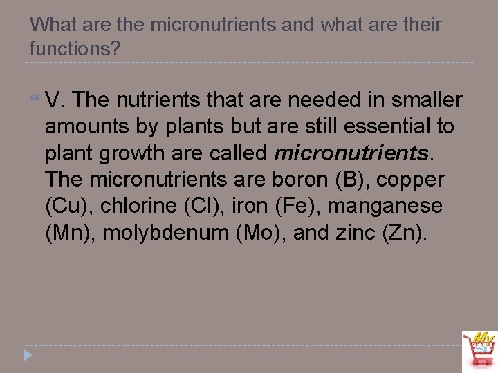 What are the micronutrients and what are their functions? V. The nutrients that are