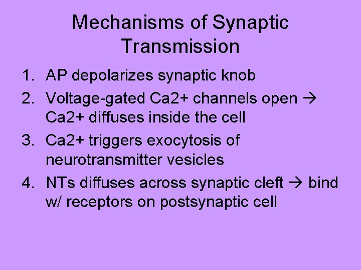 Mechanisms of Synaptic Transmission 1. AP depolarizes synaptic knob 2. Voltage-gated Ca 2+ channels