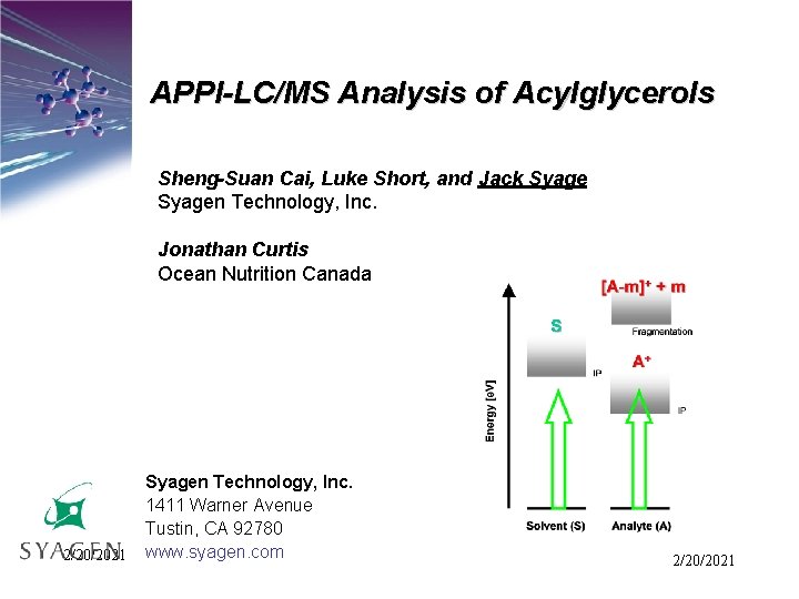 APPI-LC/MS Analysis of Acylglycerols Sheng-Suan Cai, Luke Short, and Jack Syagen Technology, Inc. Jonathan