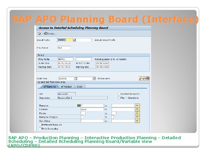 SAP APO Planning Board (Interface) SAP APO – Production Planning – Interactive Production Planning