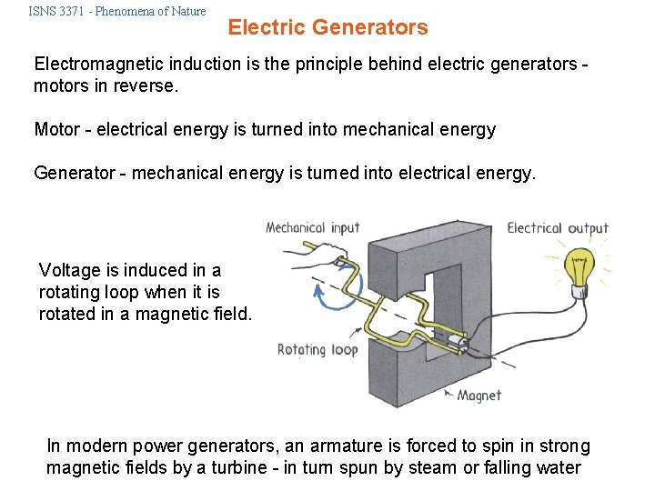ISNS 3371 - Phenomena of Nature Electric Generators Electromagnetic induction is the principle behind ISNS 3371 - Phenomena of Nature Electric Generators Electromagnetic induction is the principle behind