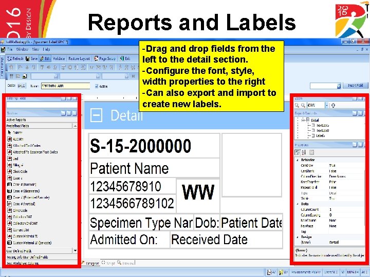 Reports and Labels -Drag and drop fields from the left to the detail section.