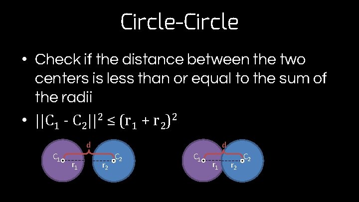 Circle-Circle • Check if the distance between the two centers is less than or