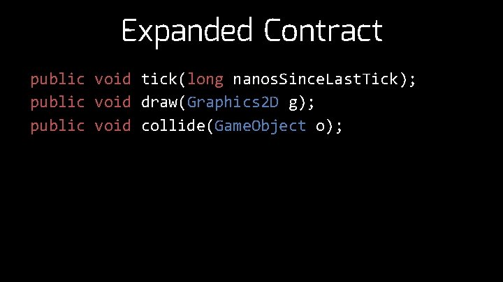 Expanded Contract public void tick(long nanos. Since. Last. Tick); public void draw(Graphics 2 D