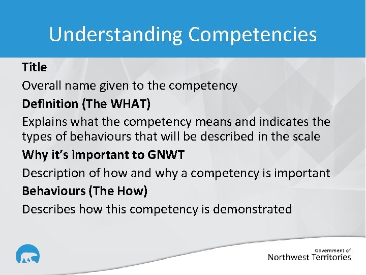 Understanding Competencies Title Overall name given to the competency Definition (The WHAT) Explains what