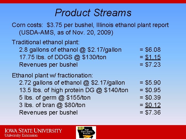 Product Streams Corn costs: $3. 75 per bushel, Illinois ethanol plant report (USDA-AMS, as