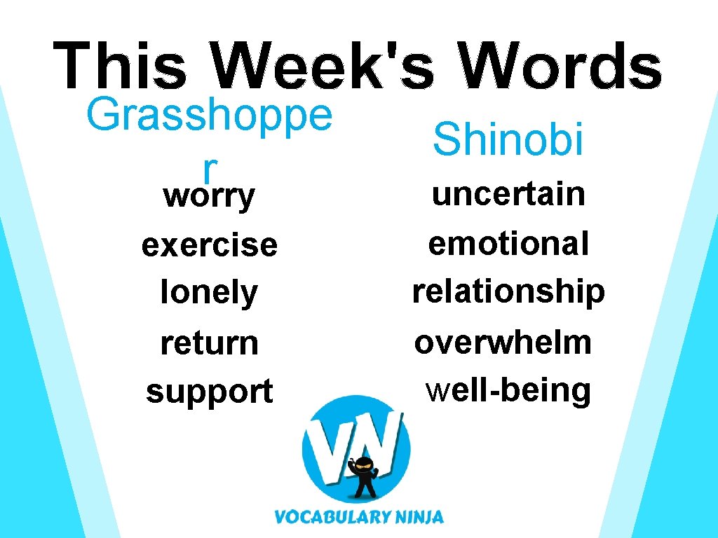 This Week's Words Grasshoppe r worry exercise lonely return support Shinobi uncertain emotional relationship