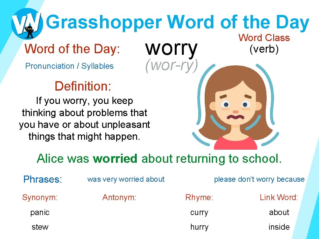 Grasshopper Word of the Day: Pronunciation / Syllables worry Word Class (verb) (wor-ry) Definition: