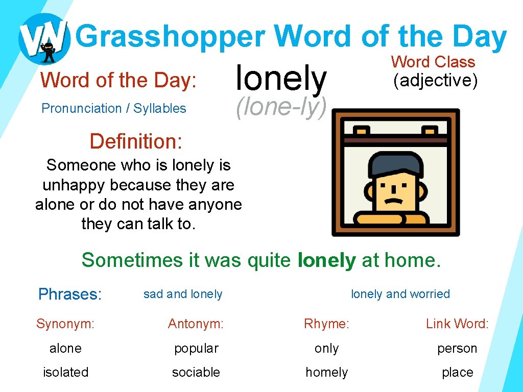 Grasshopper Word of the Day: Pronunciation / Syllables lonely Word Class (adjective) (lone-ly) Definition: