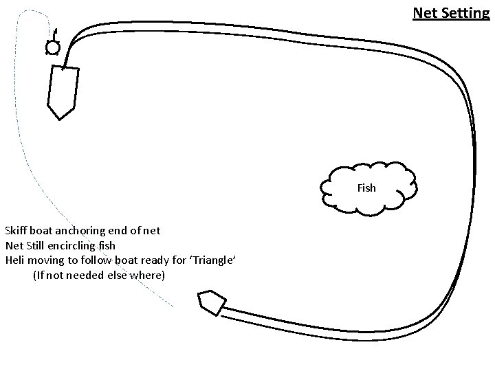 Net Setting Fish Skiff boat anchoring end of net Net Still encircling fish Heli