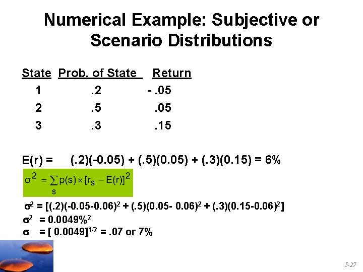 Numerical Example: Subjective or Scenario Distributions State Prob. of State Return 1. 2 -.