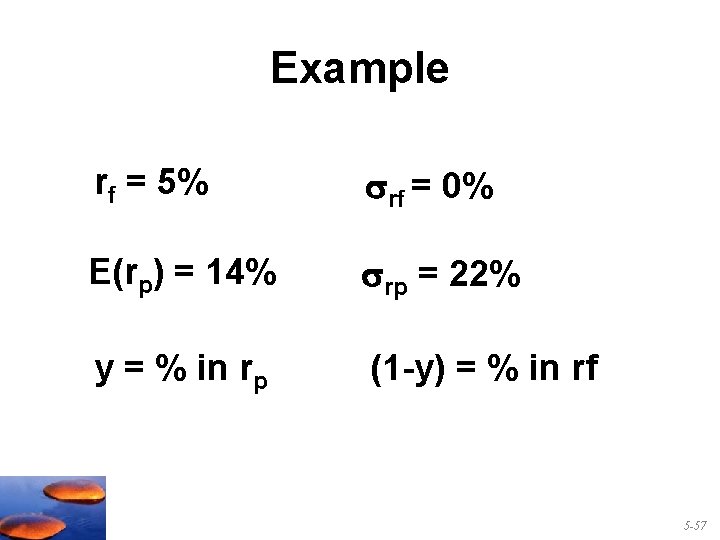 Example rf = 5% rf = 0% E(rp) = 14% rp = 22% y