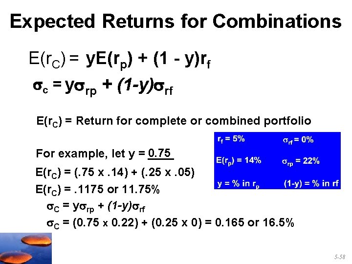 Expected Returns for Combinations E(r. C) = y. E(rp) + (1 - y)rf c