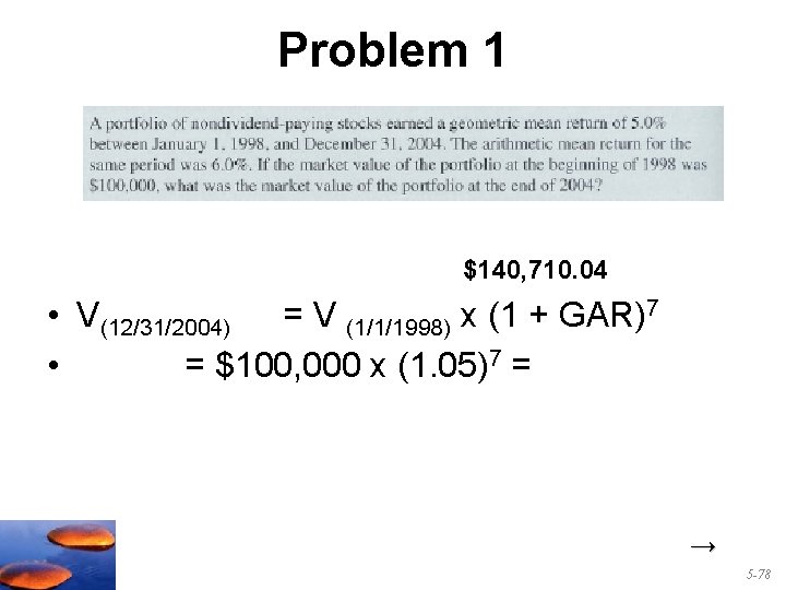 Problem 1 $140, 710. 04 • V(12/31/2004) = V (1/1/1998) x (1 + GAR)7