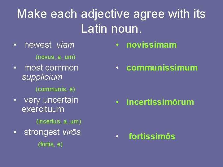 Make each adjective agree with its Latin noun. • newest viam • novissimam (novus,