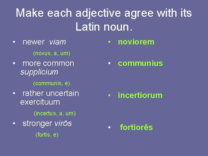 Make each adjective agree with its Latin noun. • newer viam • noviorem (novus,