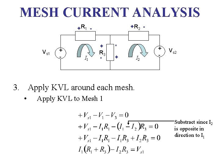 MESH CURRENT ANALYSIS + R 1 + I 1 R 3 - + Vs