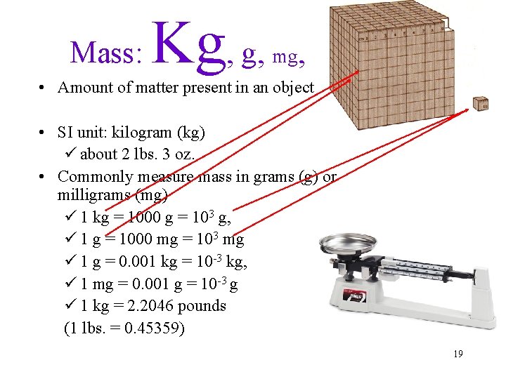 Mass: Kg, g, mg, • Amount of matter present in an object • SI