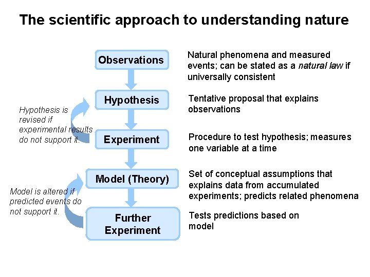 The scientific approach to understanding nature Observations Hypothesis is revised if experimental results do