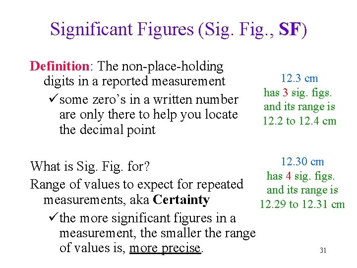 Significant Figures (Sig. Fig. , SF) Definition: The non-place-holding digits in a reported measurement