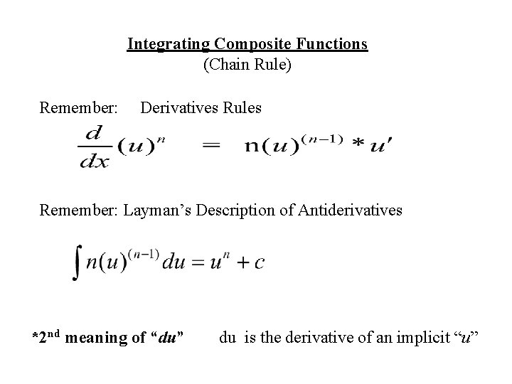Integrating Composite Functions (Chain Rule) Remember: Derivatives Rules Remember: Layman’s Description of Antiderivatives *2