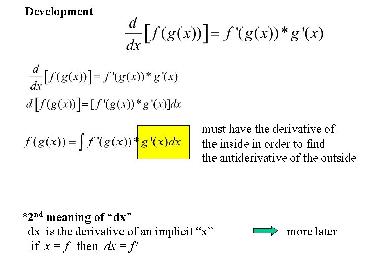 Development must have the derivative of the inside in order to find the antiderivative