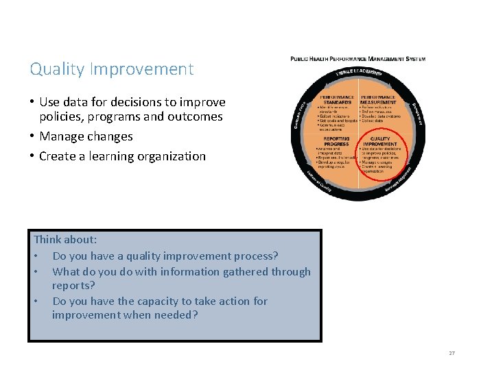 Quality Improvement • Use data for decisions to improve policies, programs and outcomes •