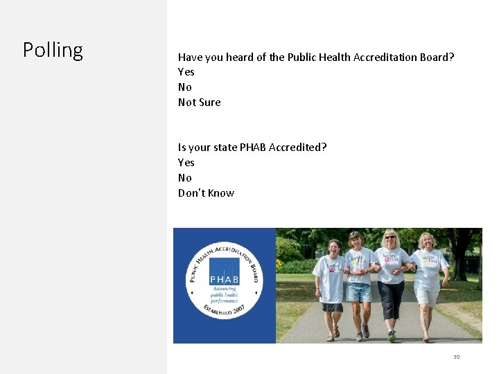 Polling Have you heard of the Public Health Accreditation Board? Yes No Not Sure