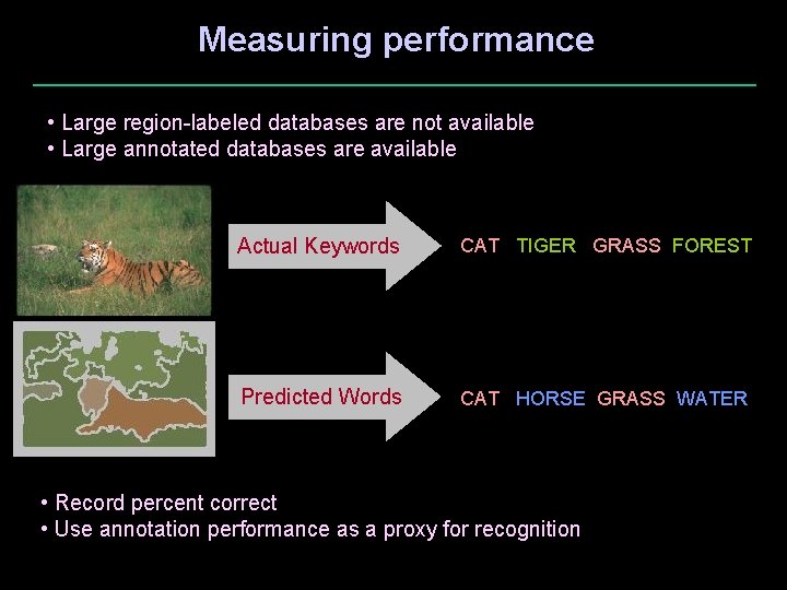 Measuring performance • Large region-labeled databases are not available • Large annotated databases are