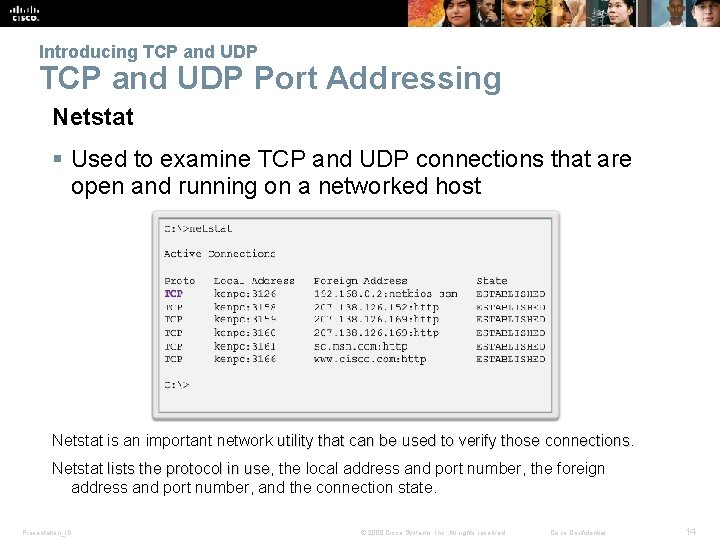 Introducing TCP and UDP Port Addressing Netstat § Used to examine TCP and UDP Introducing TCP and UDP Port Addressing Netstat § Used to examine TCP and UDP
