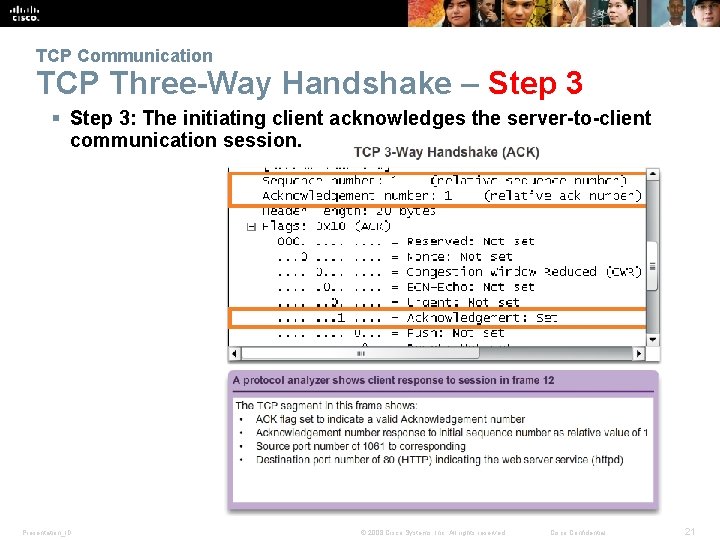 TCP Communication TCP Three-Way Handshake – Step 3 § Step 3: The initiating client TCP Communication TCP Three-Way Handshake – Step 3 § Step 3: The initiating client