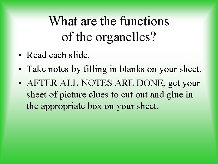 What are the functions of the organelles? • Read each slide. • Take notes