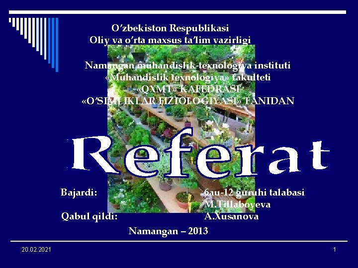 O’zbekiston Respublikasi Oliy va o’rta maxsus ta’lim vazirligi Namangan muhandislik-texnologiya instituti «Muhandislik texnologiya» fakulteti