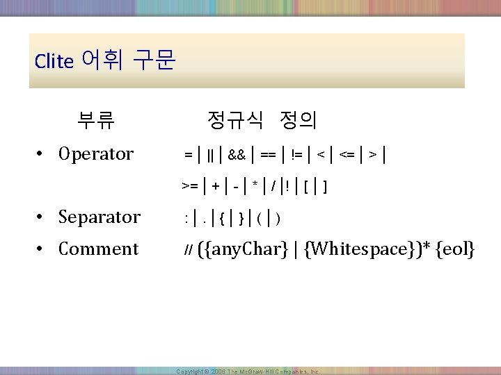 Clite 어휘 구문 부류 • Operator 정규식 정의 = | || | && |