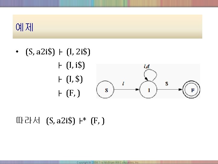 예제 • (S, a 2 i$) ├ (I, $) ├ (F, ) 따라서 (S,