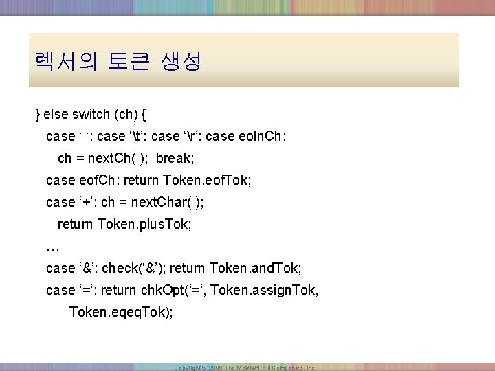 렉서의 토큰 생성 } else switch (ch) { case ‘ ‘: case ‘t’: case
