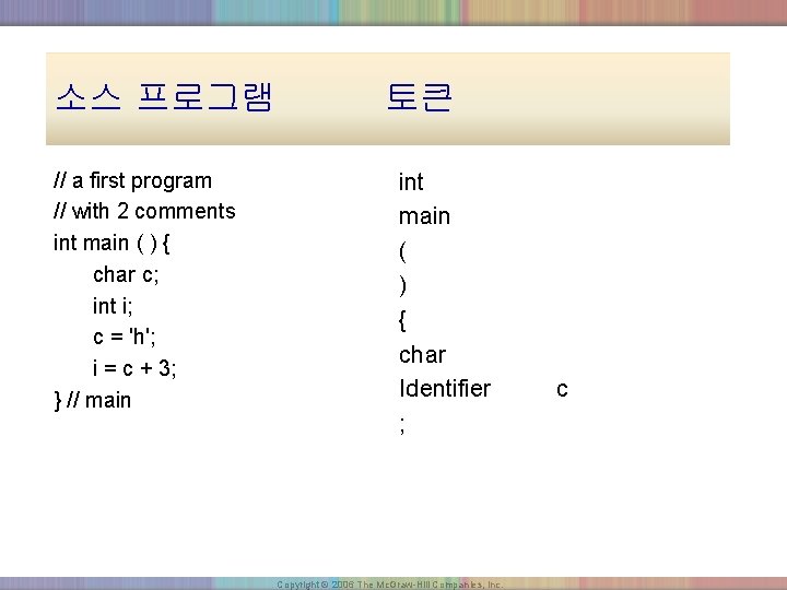 소스 프로그램 // a first program // with 2 comments int main ( )
