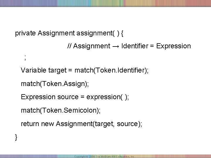private Assignment assignment( ) { // Assignment → Identifier = Expression ; Variable target