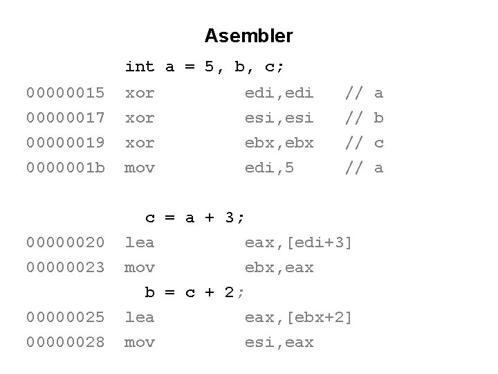 Asembler int a = 5, b, c; 00000015 xor edi, edi // a 00000017 Asembler int a = 5, b, c; 00000015 xor edi, edi // a 00000017
