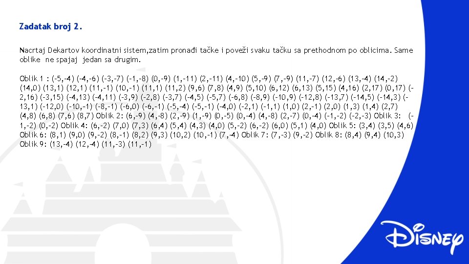 Zadatak broj 2. Nacrtaj Dekartov koordinatni sistem, zatim pronađi tačke i poveži svaku tačku