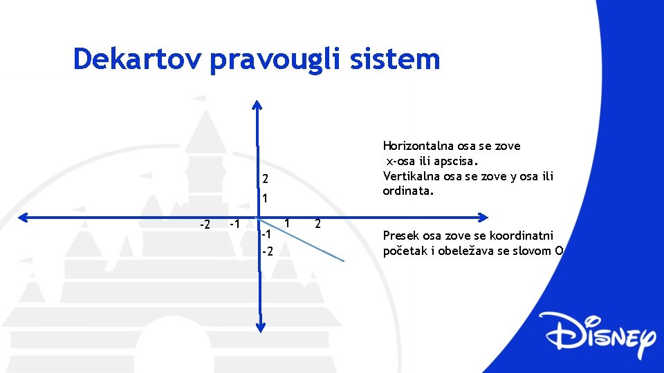 Dekartov pravougli sistem Horizontalna osa se zove x-osa ili apscisa. Vertikalna osa se zove