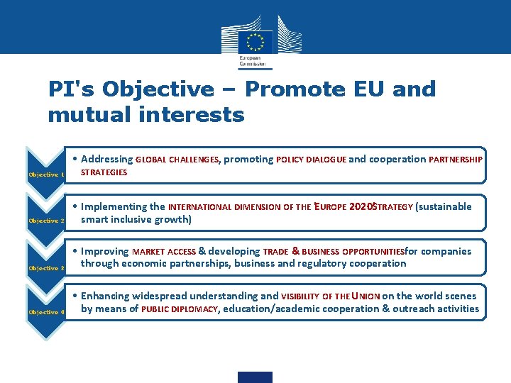 PI's Objective – Promote EU and mutual interests • Addressing GLOBAL CHALLENGES, promoting POLICY