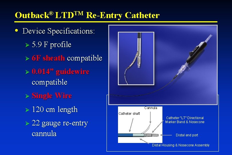 Outback® LTDTM Re-Entry Catheter • Device Specifications: Ø 5. 9 F profile Ø 6